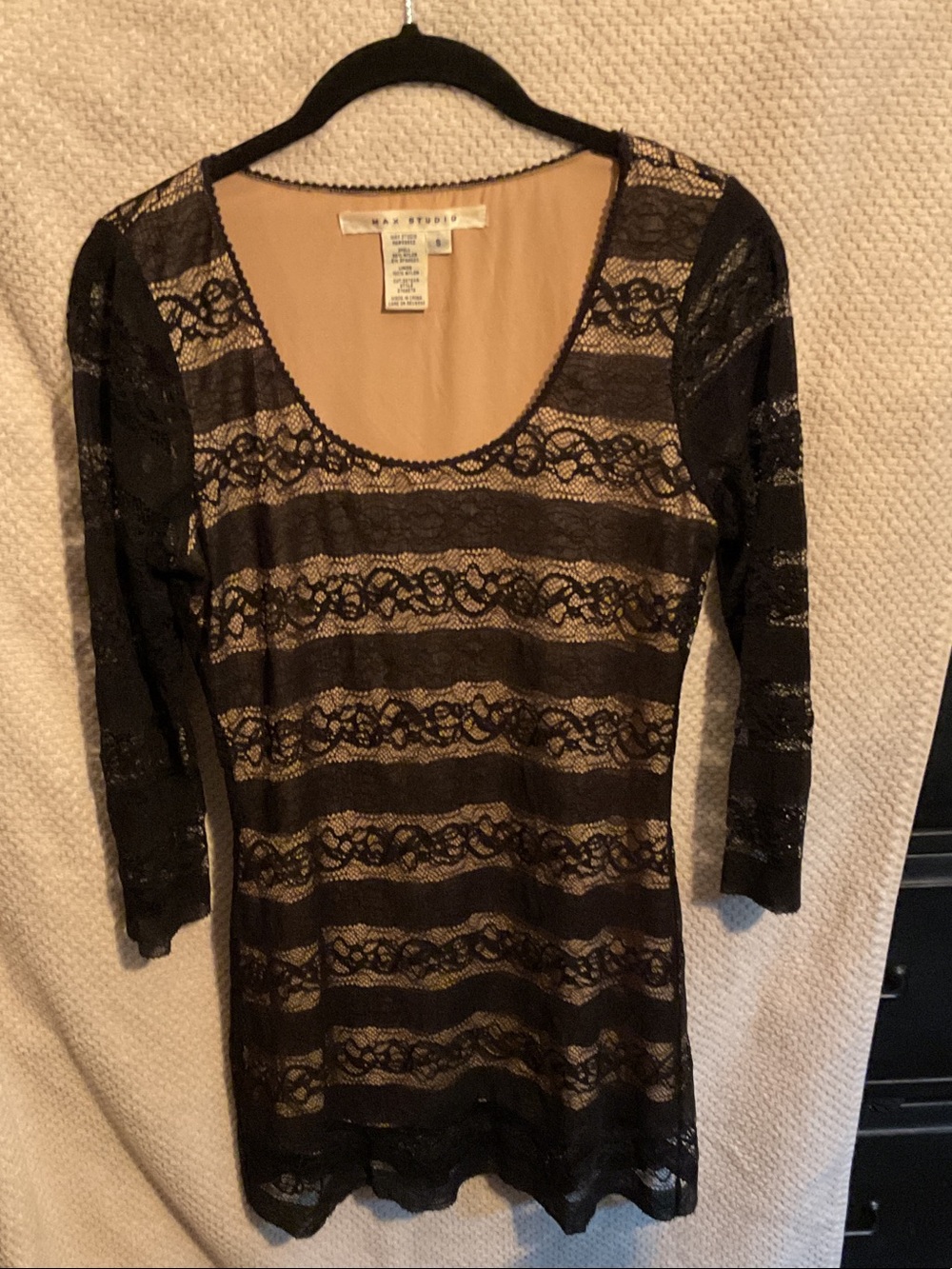 Max Studio Black Lace Overlay Tunic with Nude Lining